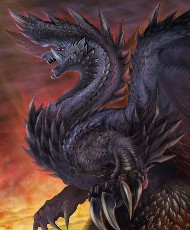 claws, dragon, monster_hunter, monster_hunter_3, no_humans, oborohizuki_no_misago, open_mouth, sharp_teeth, signature, smoke, solo, spikes, wings
