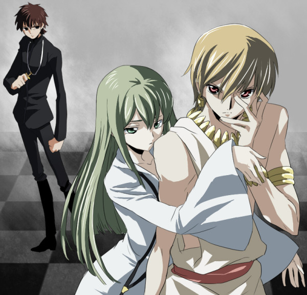 androgynous, armlet, blonde_hair, bracelet, brown_hair, clamp_(style), code_geass, cross