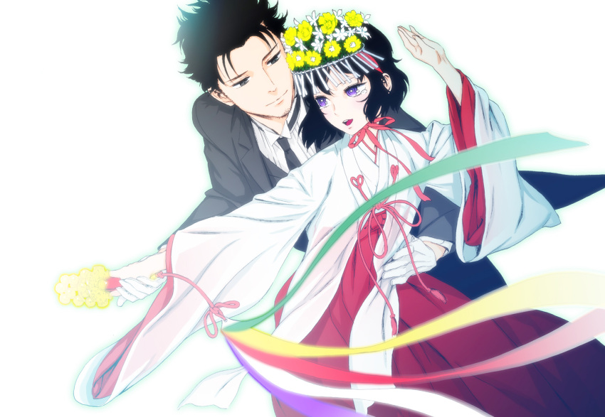 bell, black_eyes, black_hair, blush, couple, crossdressinging, facial_hair, fetishist