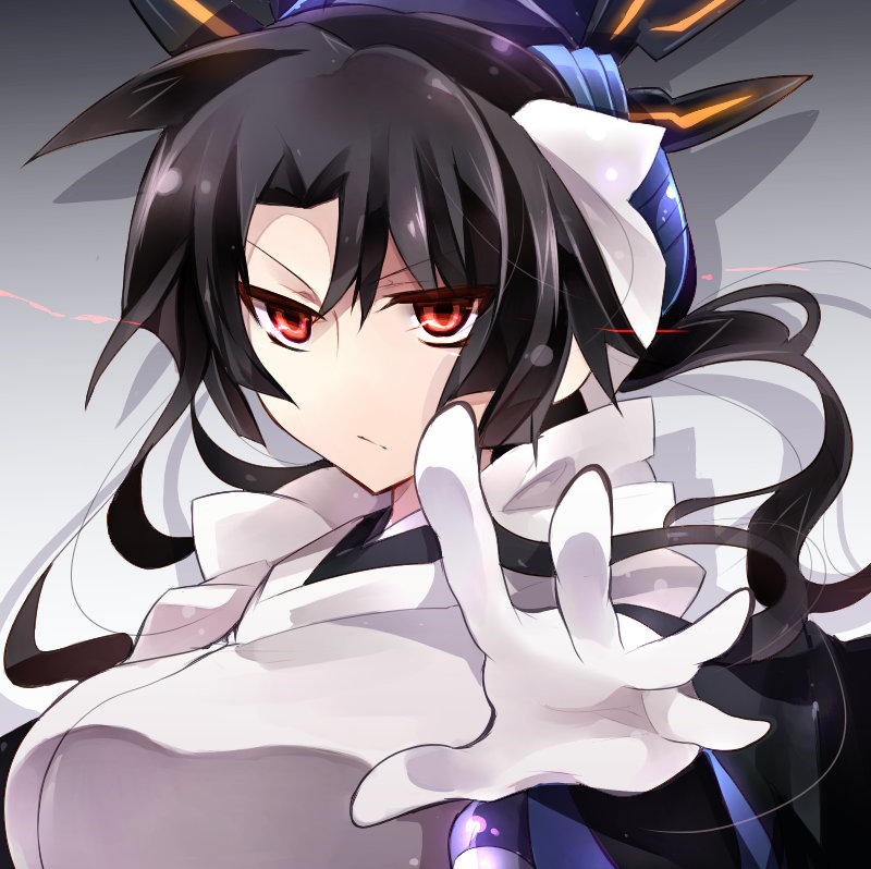black_hair, gloves, kazuno_(horizon), kyoukai_senjou_no_horizon, long_hair, maid, red_eyes, solo