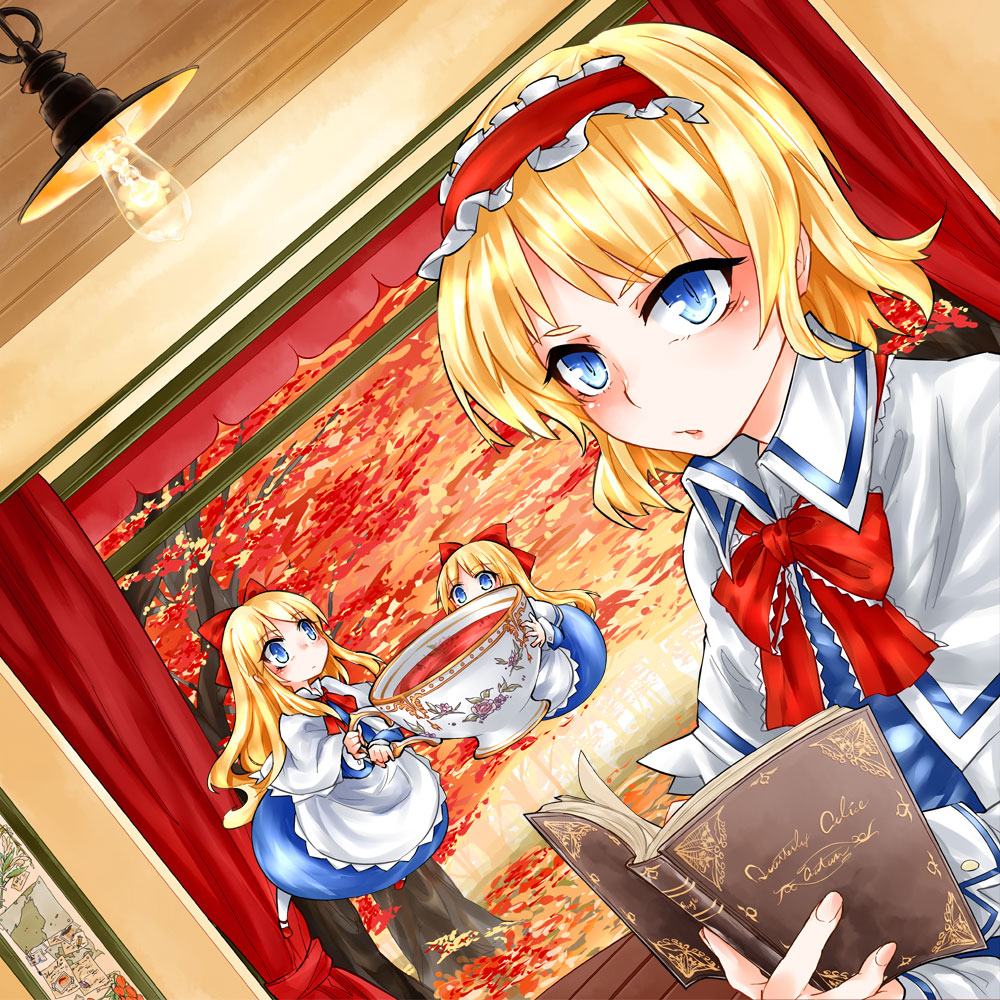 alice_margatroid, blonde_hair, blue_eyes, book, bow, capelet, cup, curtains