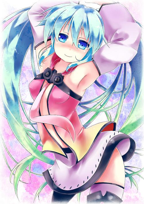 armpits, arms_up, az_(colorb05), blue_eyes, blue_hair, center_opening, detached_sleeves, gradient_hair