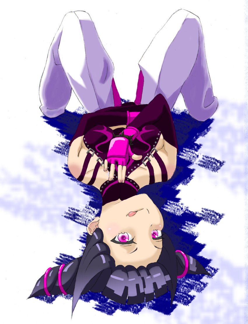1girl, bare_shoulders, black_hair, bracelet, elbow_gloves, fingerless_gloves, gloves, hair_ornament, han_juri, highres, jewelry, licking_lips, looking_at_viewer, on_back, pointy_hair, purple_eyes, short_hair, solo, spiked_bracelet, spikes, street_fighter, street_fighter_iv, super_street_fighter_iv, twintails, upside-down, violet_eyes, yagoron