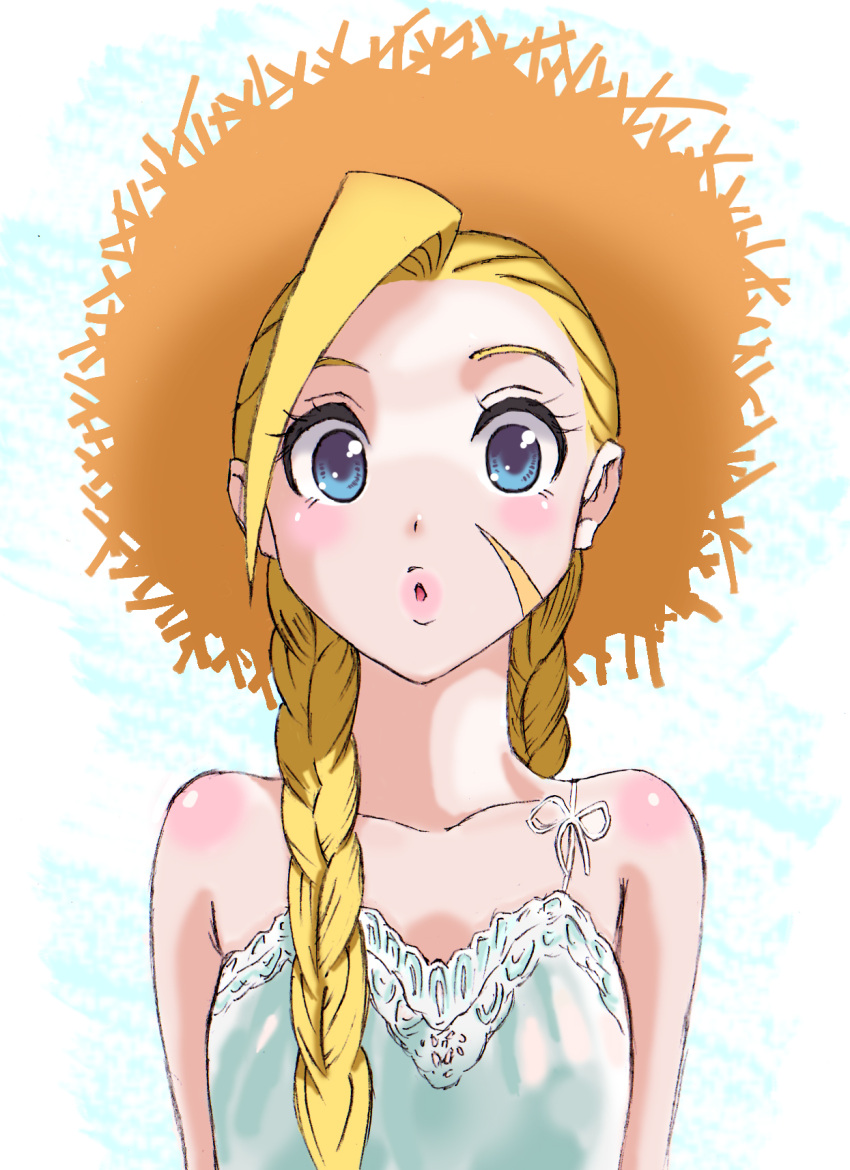 :o, ahoge, bare_shoulders, blonde_hair, blue_eyes, braid, cammy_white, casual