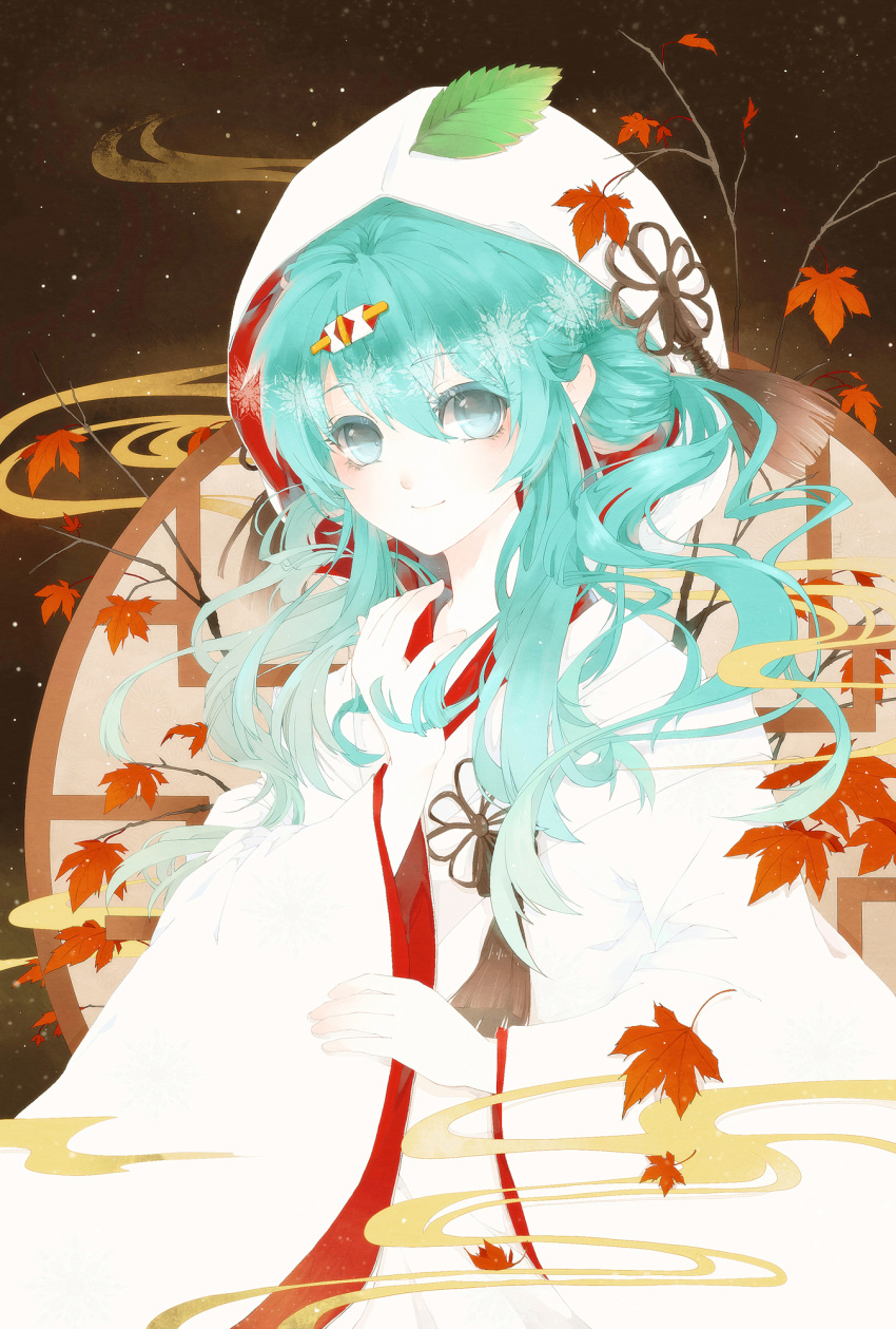 aqua_eyes, aqua_hair, hatsune_miku, highres, japanese_clothes, jyu, kimono, leaf