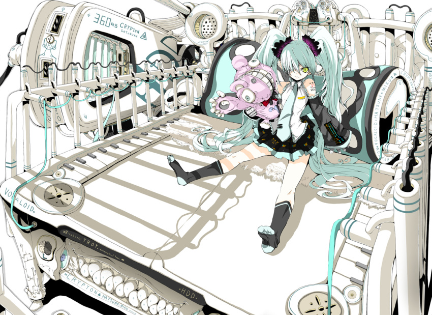aqua_hair, bandages, detached_sleeves, green_eyes, hair_over_one_eye, hatsune_miku, long_hair, machine