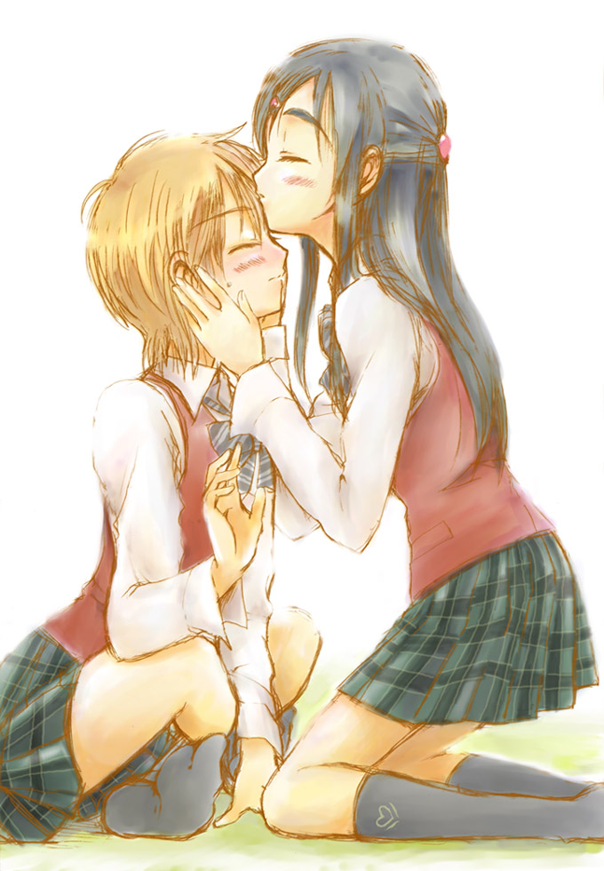 black_hair, blonde_hair, blush, bow, closed_eyes, forehead_kiss, futari_wa_precure, futari_wa_pretty_cure