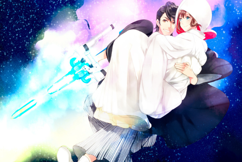 1girl, black_hair, blue_eyes, brown_eyes, brown_hair, carrying, couple, female
