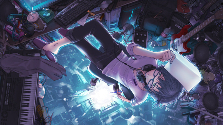 1boy, blue_hair, bottle, building, computer, electric_guitar, figure, glasses