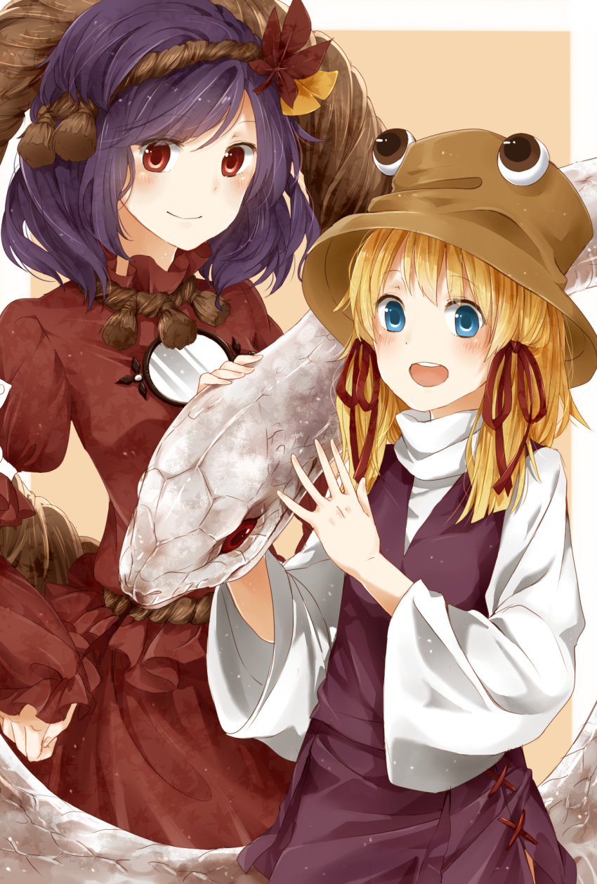817nono, blonde_hair, blue_eyes, blush, giant_snake, hair_ornament, hair_ribbon, hat