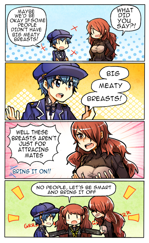 androgynous, blue_eyes, blue_hair, blush_stickers, breast_grab, breast_hold, cabbie_hat, comic