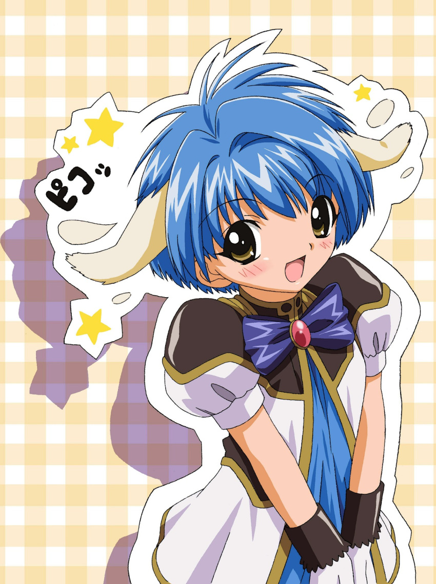 blue_hair, blush, bow, brooch, brown_eyes, cutout, dress, galaxy_angel