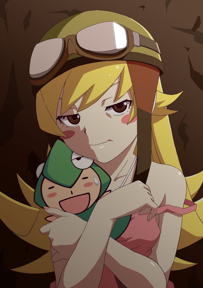 blonde_hair, blush_stickers, brown_eyes, company_connection, crossover, goggle, goggles, goggles_on_hat