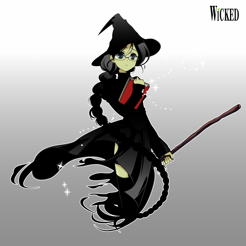 blue_eyes, book, braid, broom, dress, elphaba, glasses, green_skin, magic, osomatsu, the_wizard_of_oz, wicked, wicked_witch