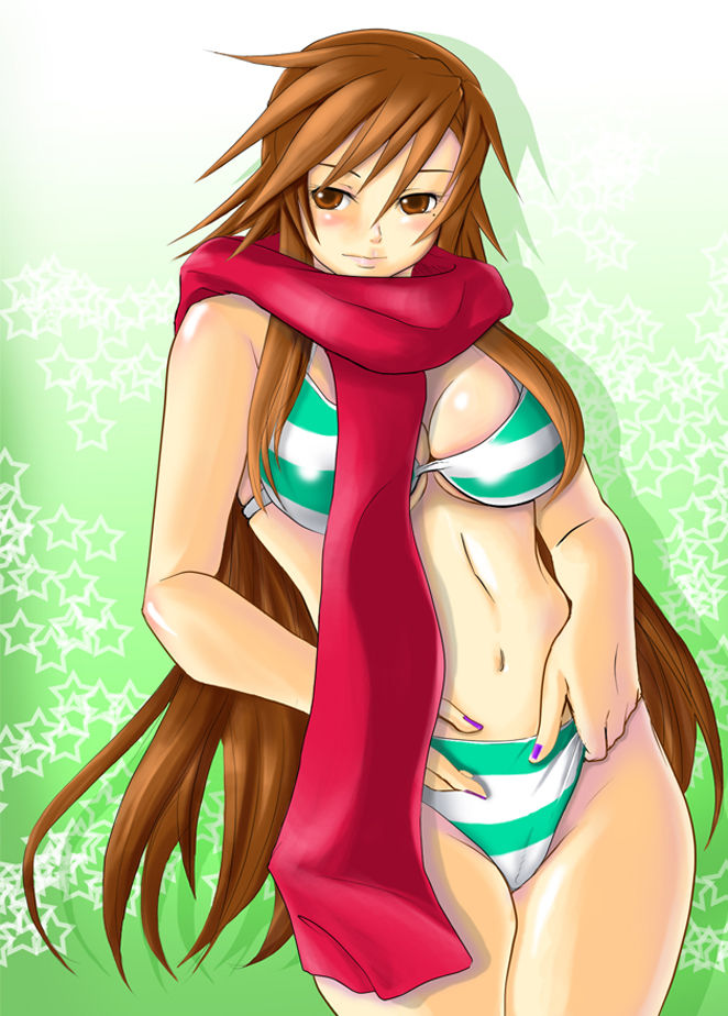 bikini, brown_eyes, brown_hair, long_hair, nyan_koi, scarf, striped, striped_bikini