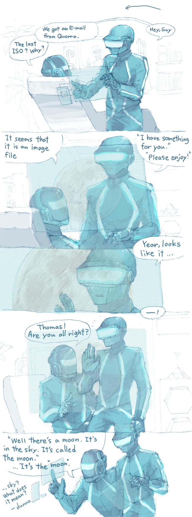 90ryuya, bodysuit, comic, daft_punk, english, full_moon, guy_manuel_de_homemchristo, helmet, highres, long_image, monitor, moon, multiple_boys, neon_trim, see-through, thomas_bangalter, tron, tron:_legacy, visor