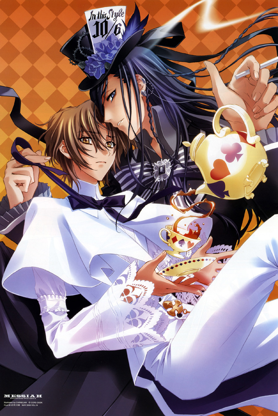 :q, alice_in_wonderland, black_hair, blue_eyes, bow, brown_hair, capelet, carnelian