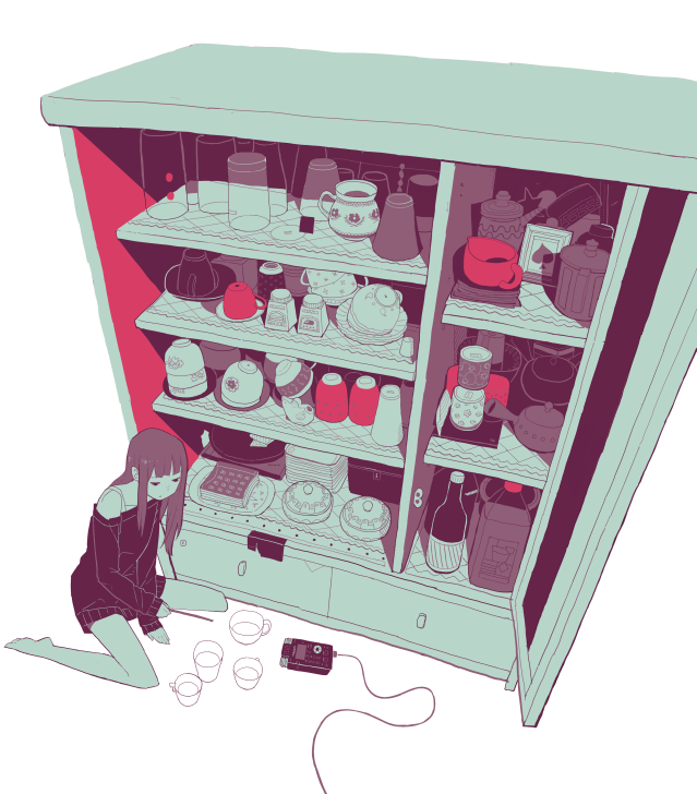 bare_legs, bottle, bra, calculator, chest_of_drawers, coffee_mug, cup, kitchen