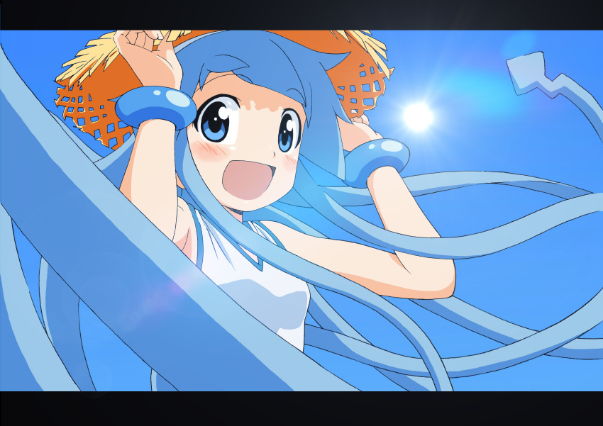 :d, absurdres, blue_eyes, blue_hair, blue_sky, blush, bracelet, hat