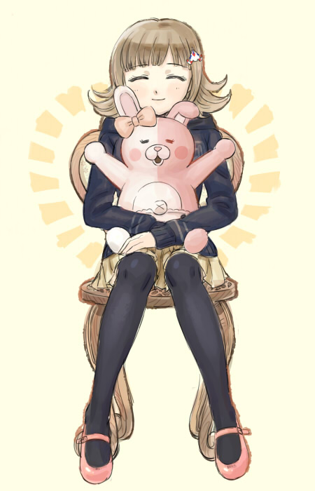 bag, chair, dangan_ronpa, hair_ornament, hairclip, hoodie, mary_janes, monomi_(dangan_ronpa)