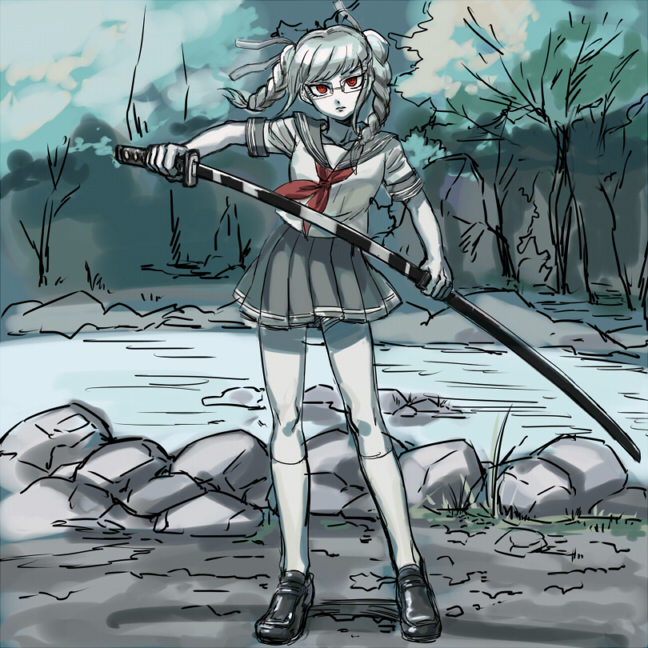 braid, dangan_ronpa, glasses, katana, long_hair, pall, pekoyama_peko, red_eyes
