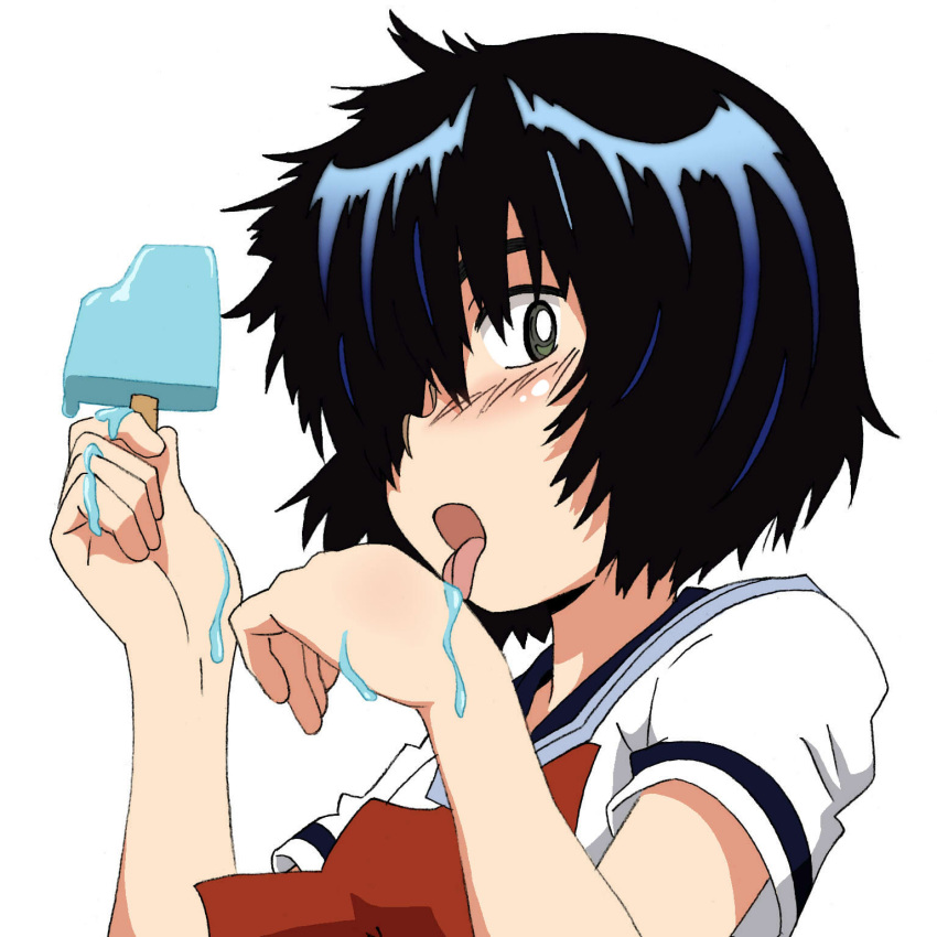 blush, bow, green_eyes, highres, ice_cream_bar, kiyukiyutan, licking, looking_at_viewer