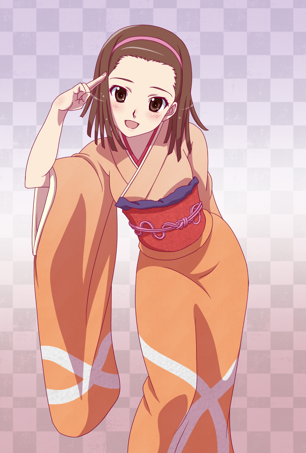 brown_eyes, brown_hair, checkered, checkered_background, hairband, highres, japanese_clothes, kimono, looking_at_viewer, monogatari_(series), nisemonogatari, pitecube, salute, sengoku_nadeko, short_hair, solo