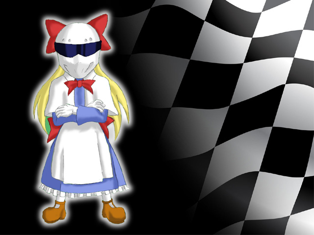 1girl, apron, blonde_hair, bow, capelet, checkered, checkered_flag, chenowski, crossed_arms, dress, helmet, long_hair, looking_at_viewer, parody, shanghai_doll, the_stig, top_gear, touhou