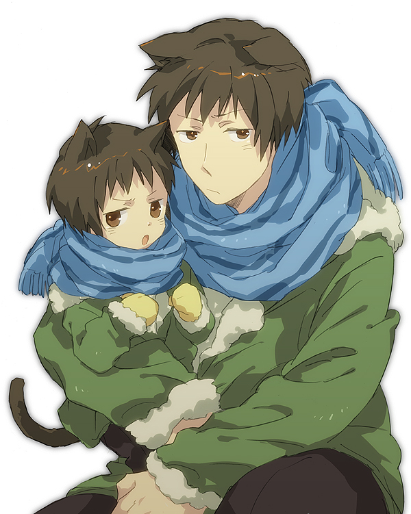 animal_ears, cat_ears, cat_tail, kemonomimi_mode, kyon, multiple_boys, short_hair, simple_background