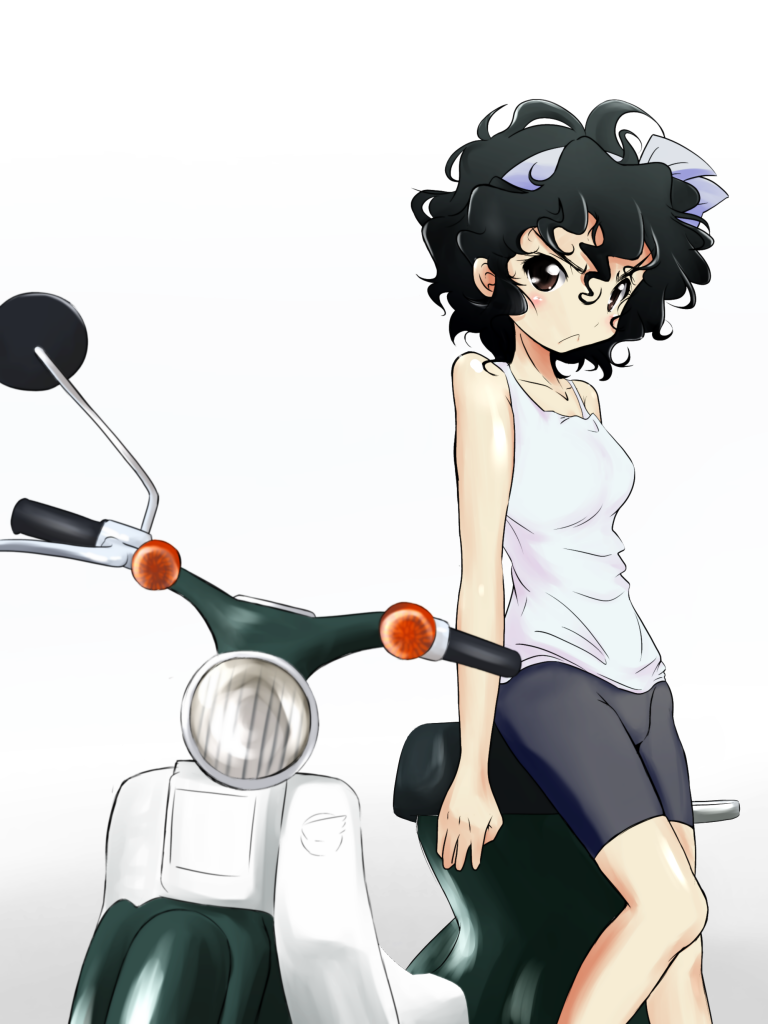 amano_onsa, bakuon!!, bare_shoulders, bike_shorts, black_hair, breasts, brown_eyes, curly_hair