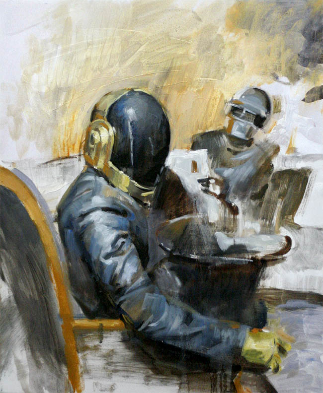 daft_punk, gloves, guy_manuel_de_homemchristo, helmet, multiple_boys, newspaper, oil_painting_(medium), reading
