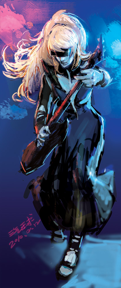 alternate_costume, black_dress, blonde_hair, blue_skin, boots, daft_punk, dated, dress