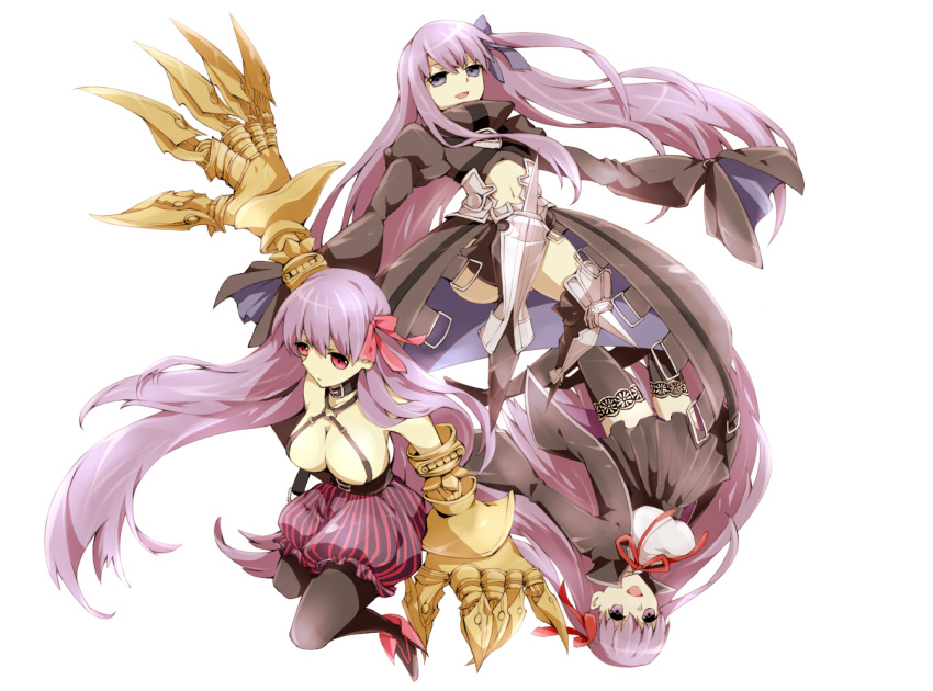 bb_(fate/extra_ccc), breasts, claws, crotch_plate, fate/extra, fate/extra_ccc, fate_(series), hair_ribbon, huge_breasts, lace, lace-trimmed_thighhighs, long_hair, melt_lilith, multiple_girls, passion_lip, purple_eyes, purple_hair, red_eyes, ribbon, sleeves_past_wrists, tamaki_(glass_bottle), thigh-highs, thighhighs, very_long_hair, violet_eyes