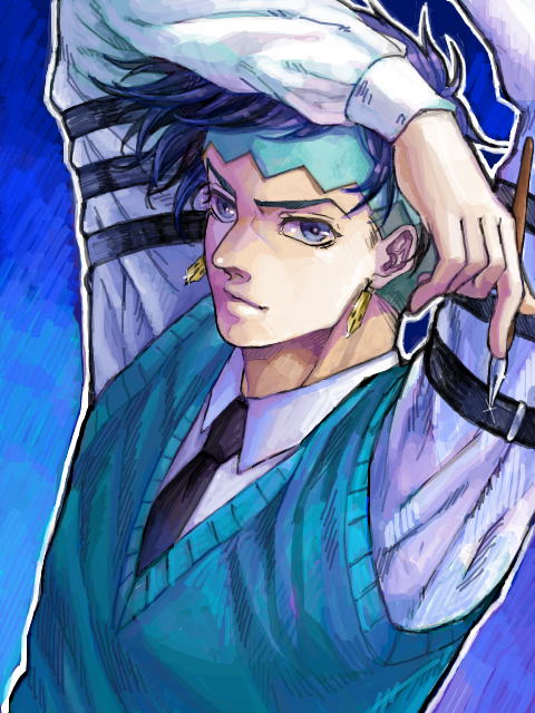 black_hair, blue_eyes, dip_pen, earrings, headband, jewelry, jojo_no_kimyou_na_bouken, kishibe_rohan