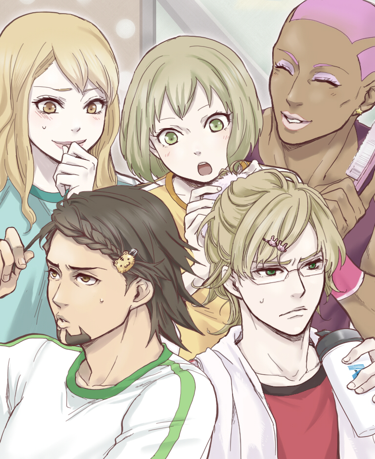 3boys, barnaby_brooks_jr, blonde_hair, blush, braid, brown_eyes, brown_hair, dark_skin