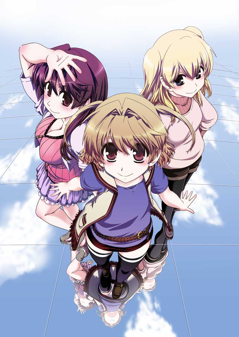 2girls, blonde_hair, blue_eyes, blush, breasts, brown_eyes, brown_hair, cloud, clouds, crossdressinging, fetix!, hashinomoto_maaya, hashinomoto_rintarou, ikuya_daikokudou, jewelry, legwear_under_shorts, long_hair, multiple_girls, necklace, official_art, original, panties, pantyhose, red_eyes, red_hair, redhead, reflection, short_hair, shorts, skirt, sky, smile, thigh-highs, thighhighs, trap, twintails, underwear, upskirt