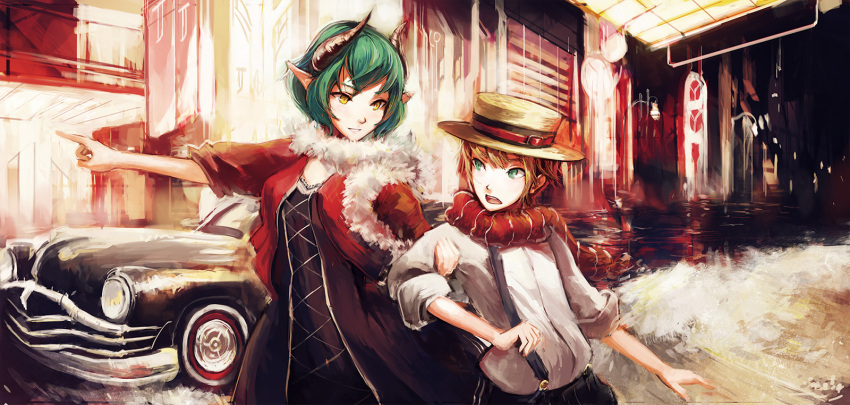1girl, blonde_hair, car, contemporary, demon_girl, doomfest, fiend_(juniper's_knot), fiend_(juniper's_knot)