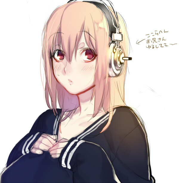 bust, headphones, nitroplus, onaka_itai, pink_eyes, pink_hair, simple_background, sketch