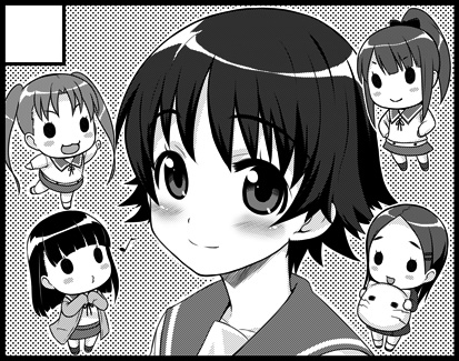 :3, :d, blush, cardigan, chibi_inset, circle_cut, hair_ornament, hairclip
