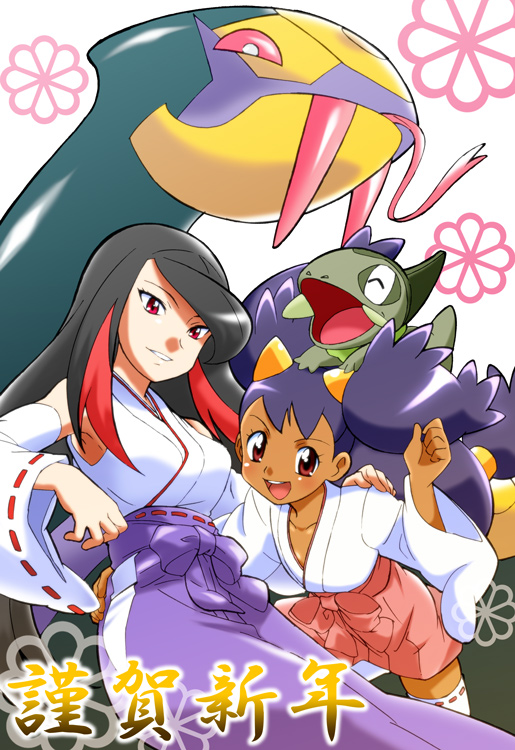 axew, azami_(pokemon), black_hair, bow, breasts, creature, dark_skin, fangs