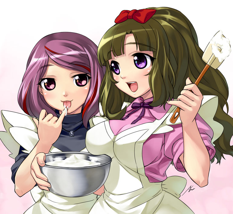 :3, anyamal_tantei_kirumin_zoo, batter, breast_press, brown_hair, licking, mikogami_nagisa, mixing_bowl
