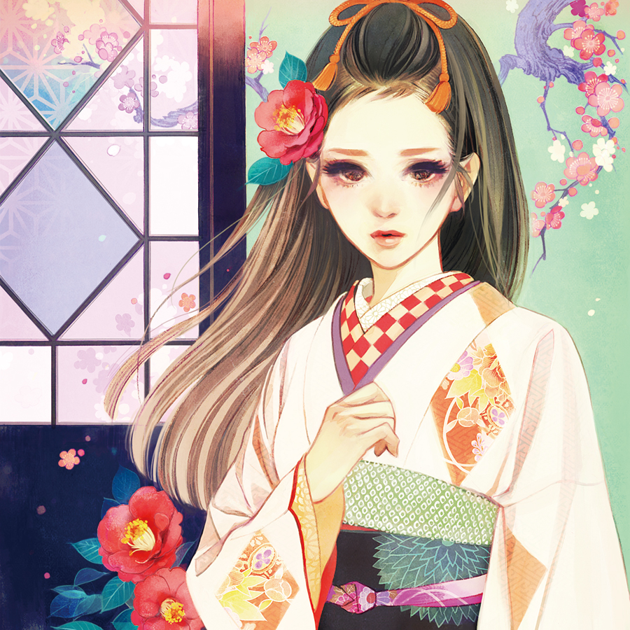 brown_eyes, brown_hair, camellia_(flower), eyelashes, face, floral_print, flower, hair_flower