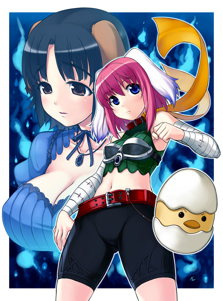 animal_ears, bandage, bandages, bike_shorts, bird, blue_eyes, breasts, character_request