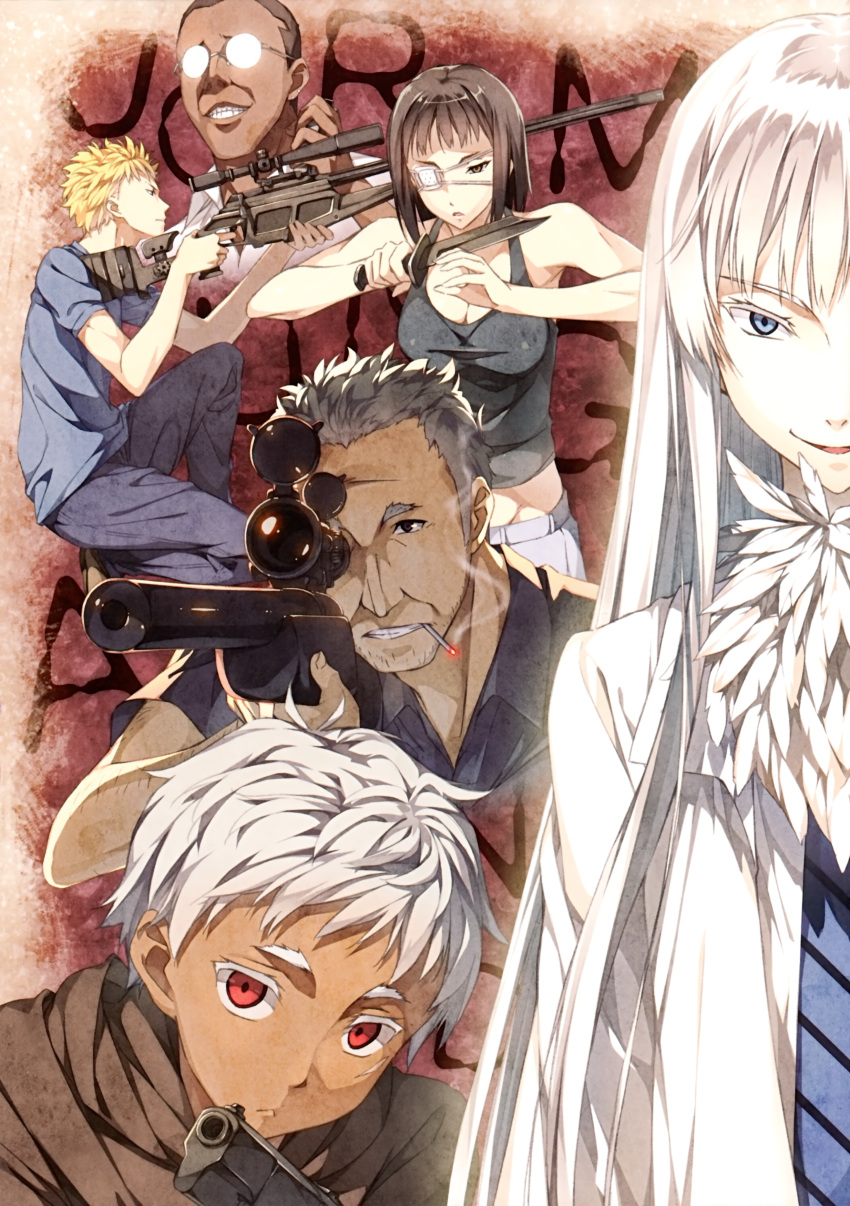 2girls, 4boys, absurdres, artist_request, black_hair, blonde_hair, blue_eyes, breasts