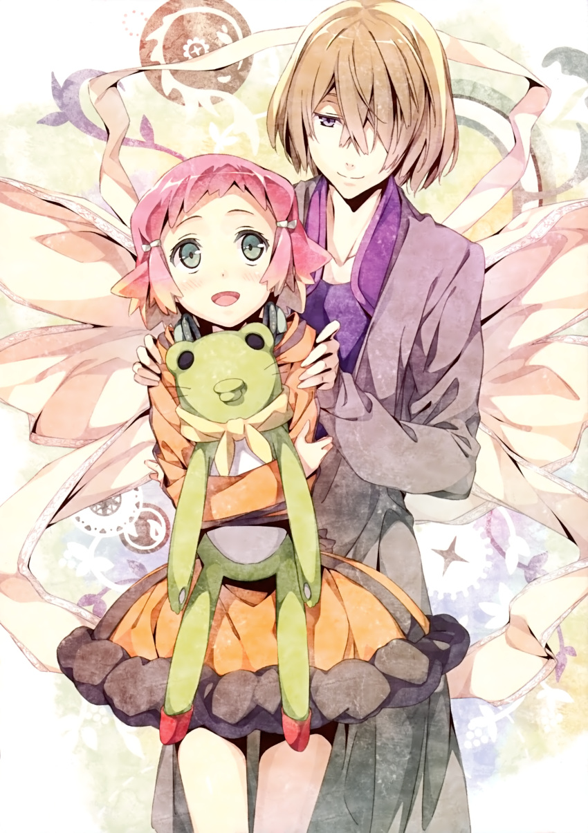 1boy, 1girl, :d, absurdres, aquarion_(series), aquarion_evol, brown_hair, green_eyes, hair_over_one_eye, highres, jin_musou, kantoku, open_mouth, pink_hair, skirt, smile, stuffed_frog, tama_(aquarion), yunoha_thrul