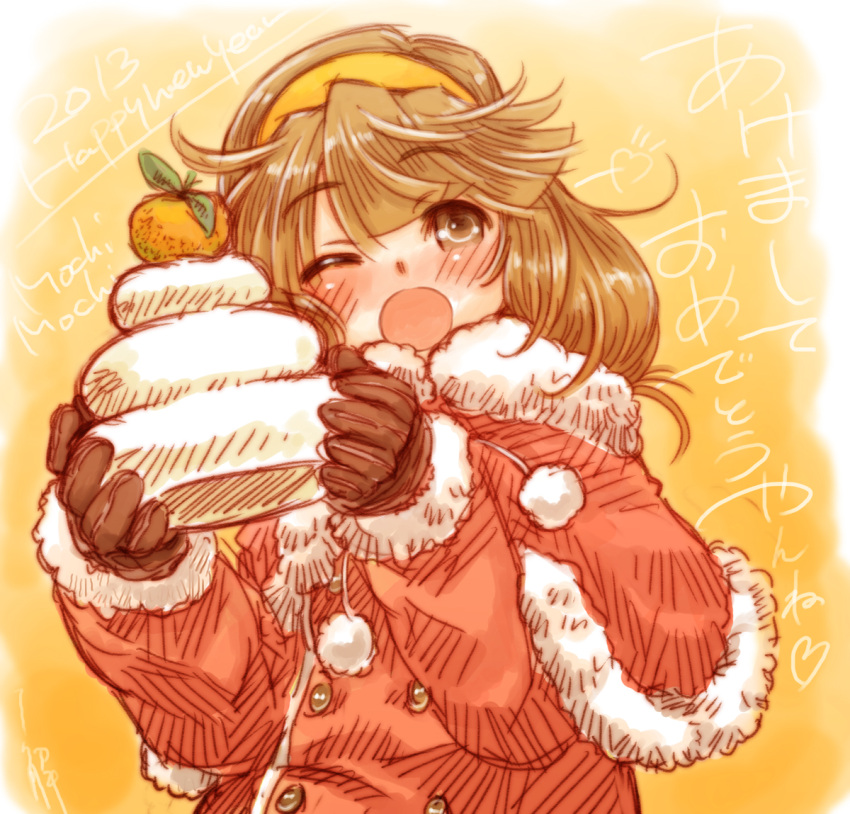 blush, brown_eyes, brown_hair, capelet, food, fruit, gloves, hairband