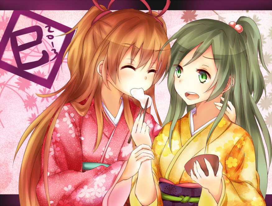 2girls, blush, bowl, brown_hair, chopsticks, closed_eyes, eyes_closed, food
