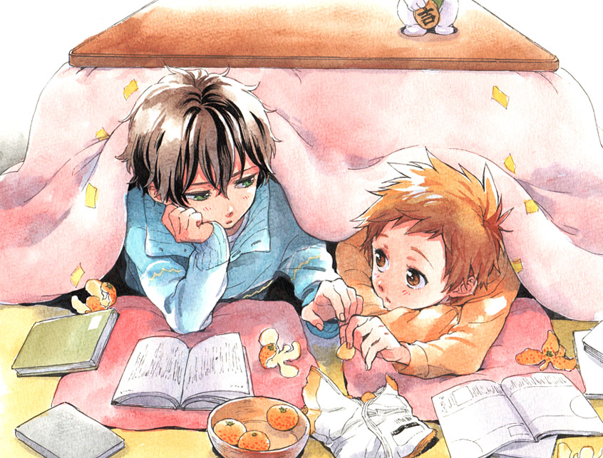 black_hair, book, brown_eyes, brown_hair, food, fruit, fukube_satoshi, green_eyes