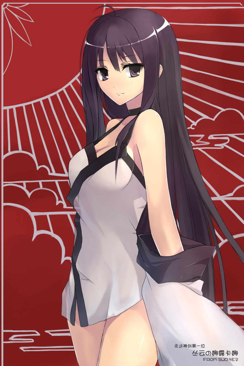 1girl, bare_shoulders, black_hair, bottomless, breasts, cleavage, detached_sleeves, eien_no_aselia