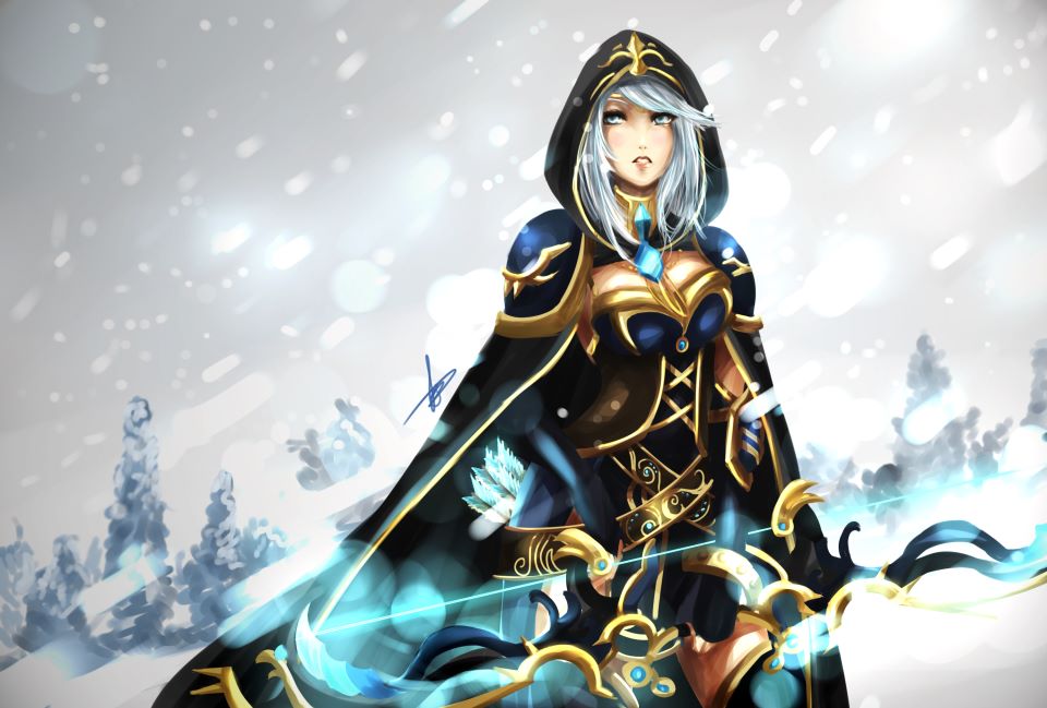 1girl, arrow, ashe_(league_of_legends), bow, cape, hannah_santos, hoodie, league_of_legends